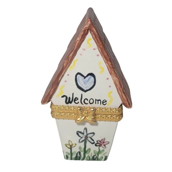 Vintage Porcelain House Shaped Hinged Trinket Pill Box Handpainted Flowers 4" - Picture 1 of 8